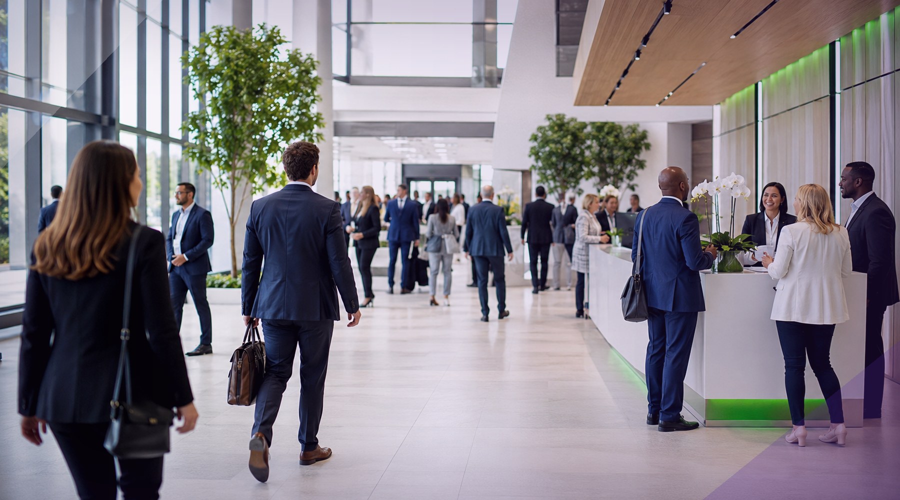 Professional event venue lobby with people arriving